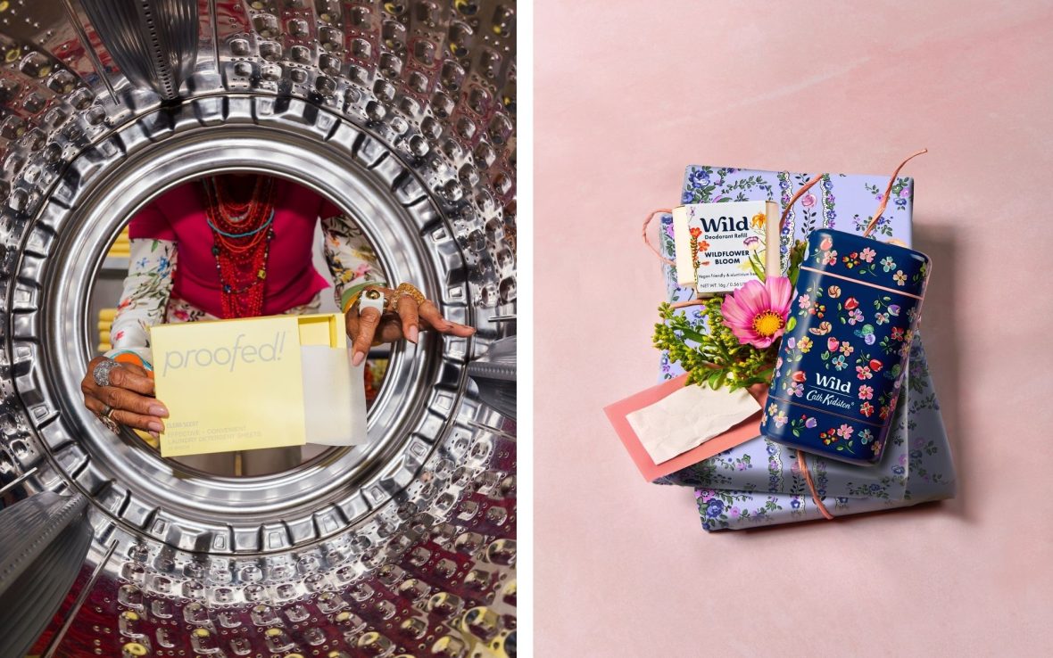 Left: A view from inside a washing machine, where a person on the other side holds a small yellow box reading Proofed!. The box is slightly open and reveals paper-thin laundry detergent sheets. Right: A giftwrapped pile with a floral-printed deodorant tube on top, reading Wild and Cath Kidston. The tube is deep blue. The background is pink.