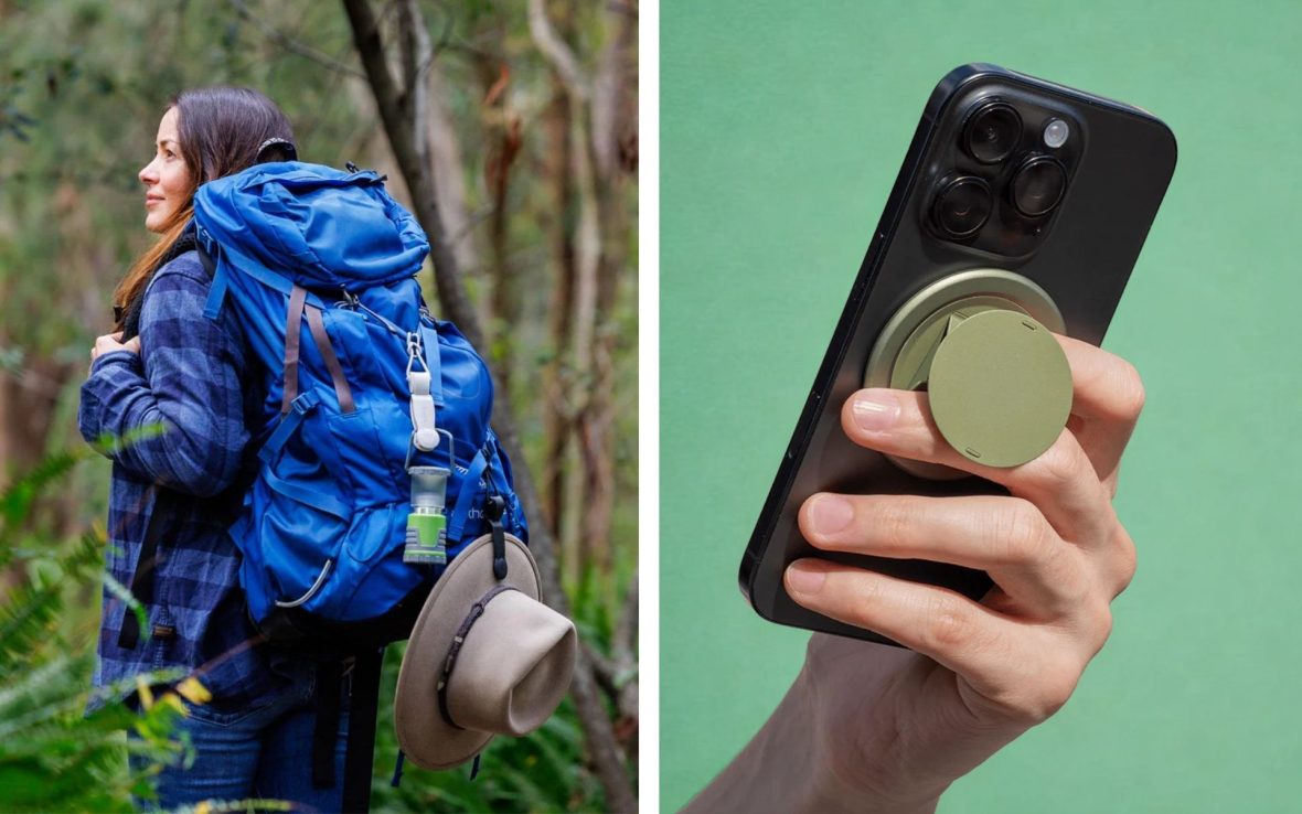 Left, a hiker wears a blue backpack with a hat hanging off of it, attached by a magnetic clip. Right, a hand holds a cell phone with a disc-shaped phone grip called the Ohsnap