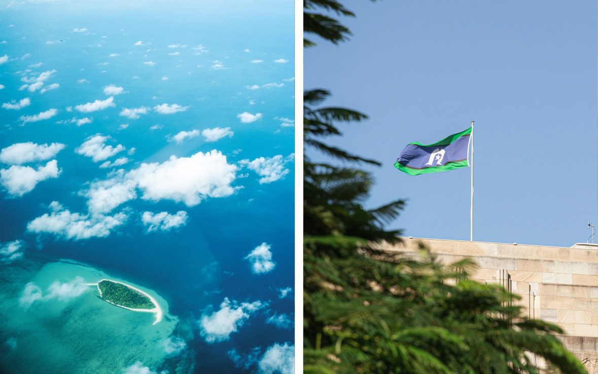Left: Aerial view of small island in blue water; Right: Torres Strait Island flag flies against blue sky.