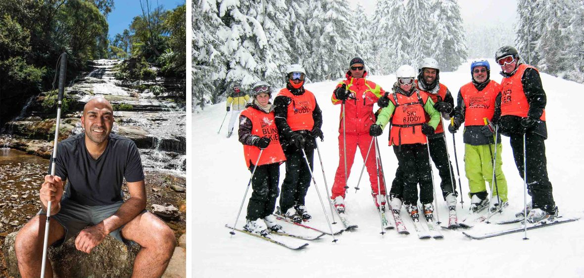 Left: Amar Latif, smiling, sits on a large rock holding his white cane in front of a flowing river; Right: A group of Traveleyes skiers in hi-vis vests stand on a wide snow-covered ski slope lined by tall pine trees in the Austrian Alps.
