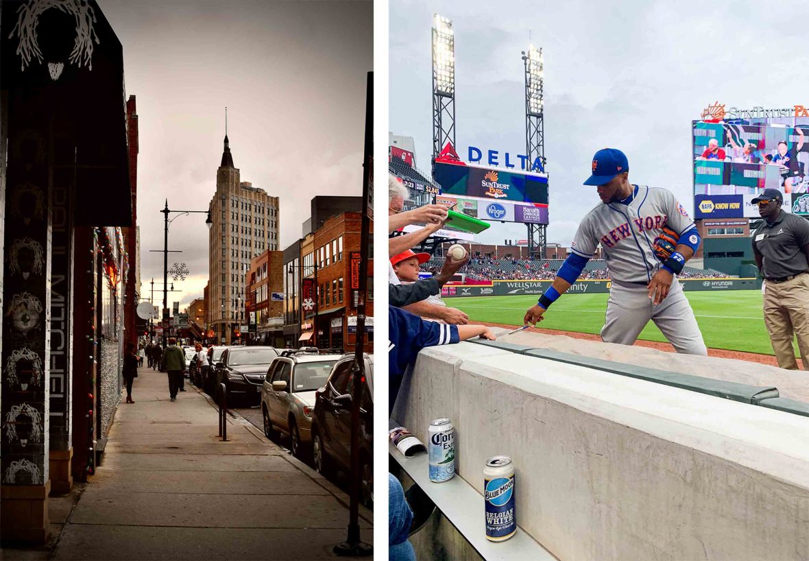 Left: A street with cars and buildings. Right: A baseball player signs autographs.