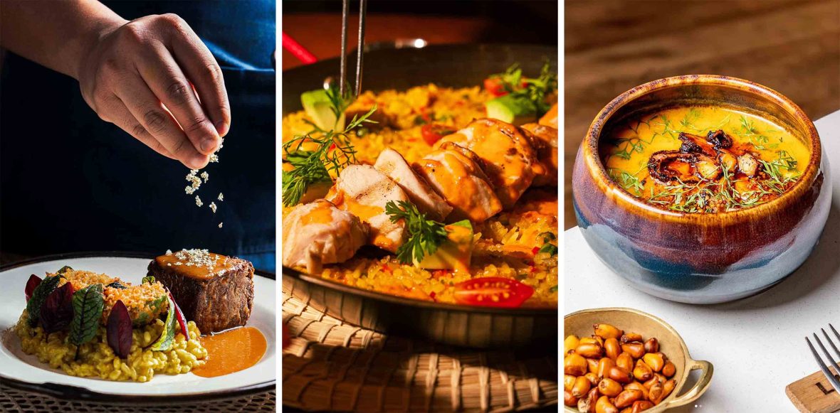 Three different dishes on plates on a table.