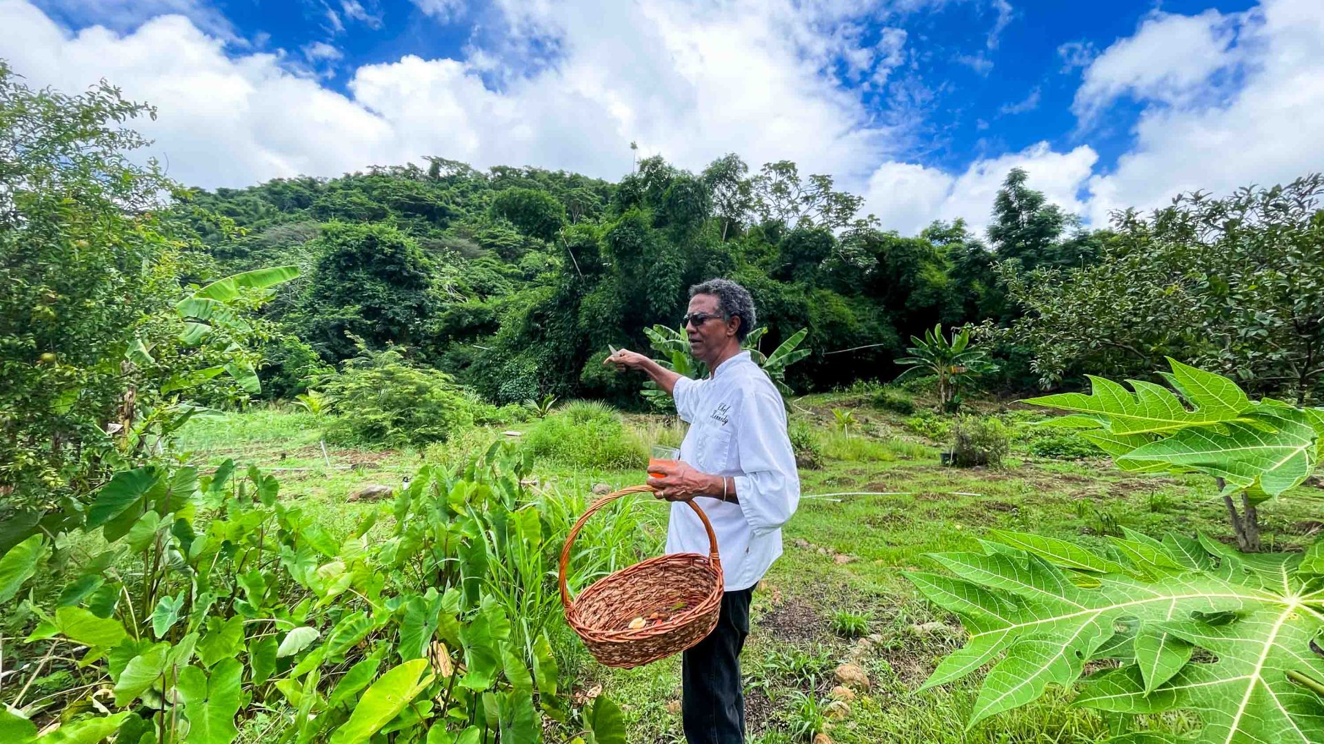 Chef Kennedy leading a tour in his garden. He holds a basket and points to plants.
