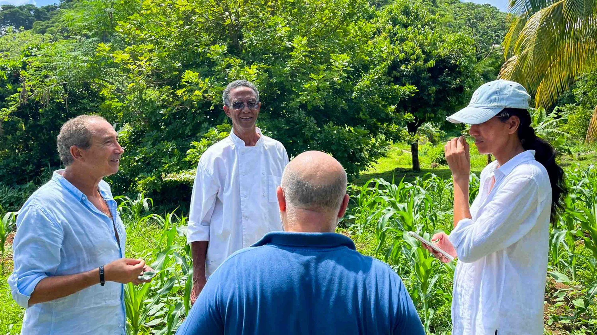 A man speaks to people in a garden.