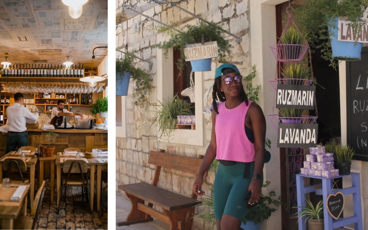 Left: The interior of a traditional bar in Croatia; Right: A Black woman in a bright pink top outside a shop