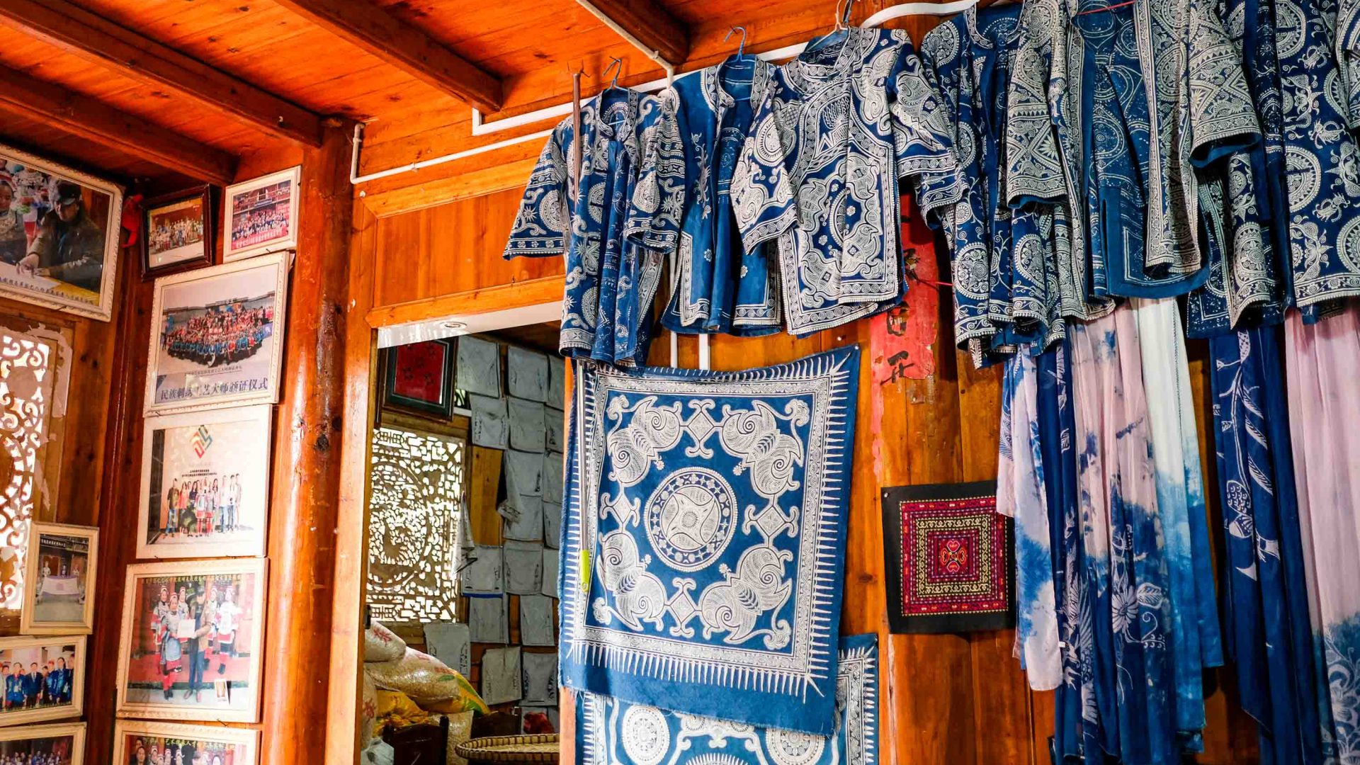 Pieces of fabric hung up around a room.