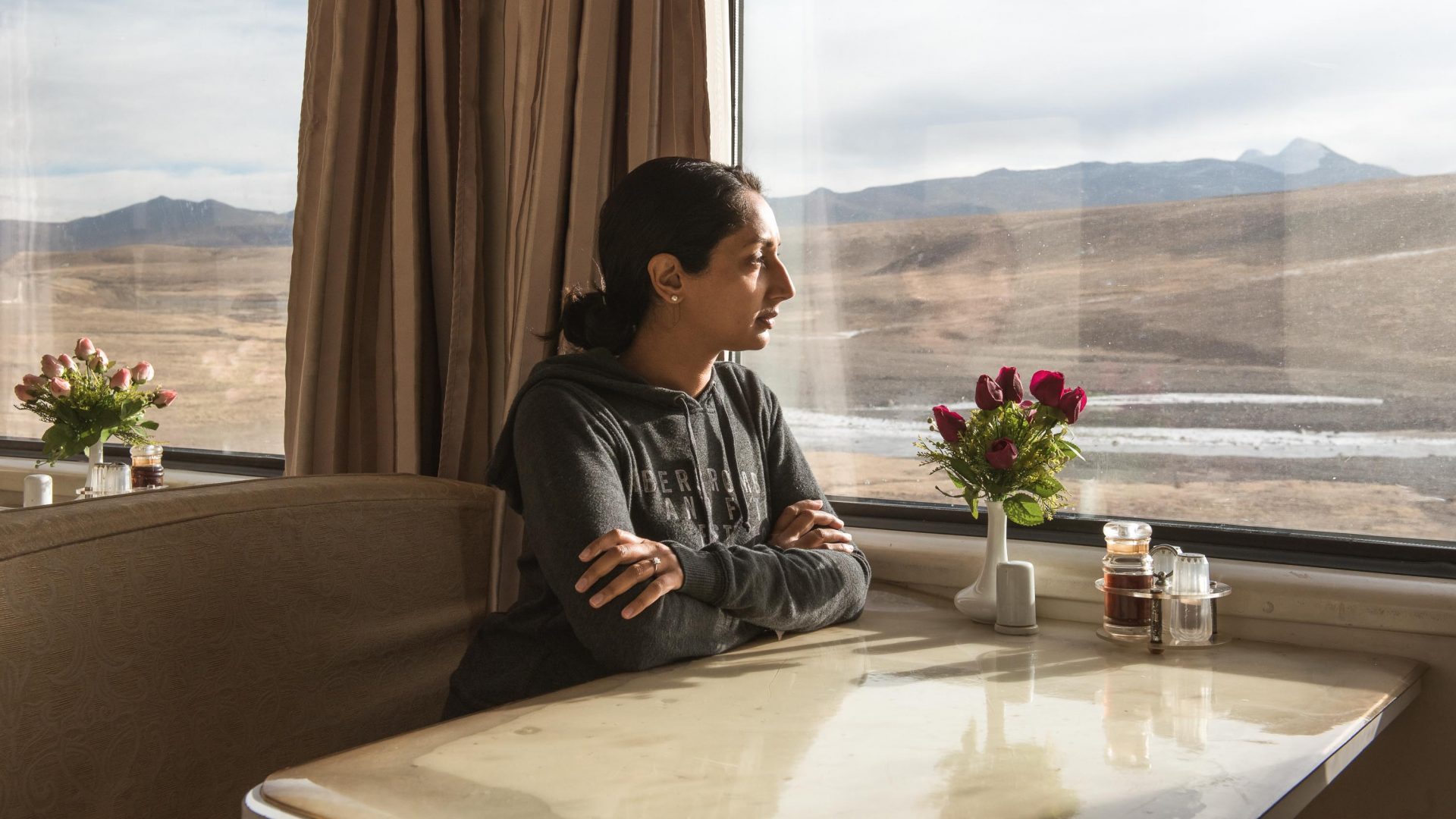 Writer Monisha Rajesh during her train travels around the world.