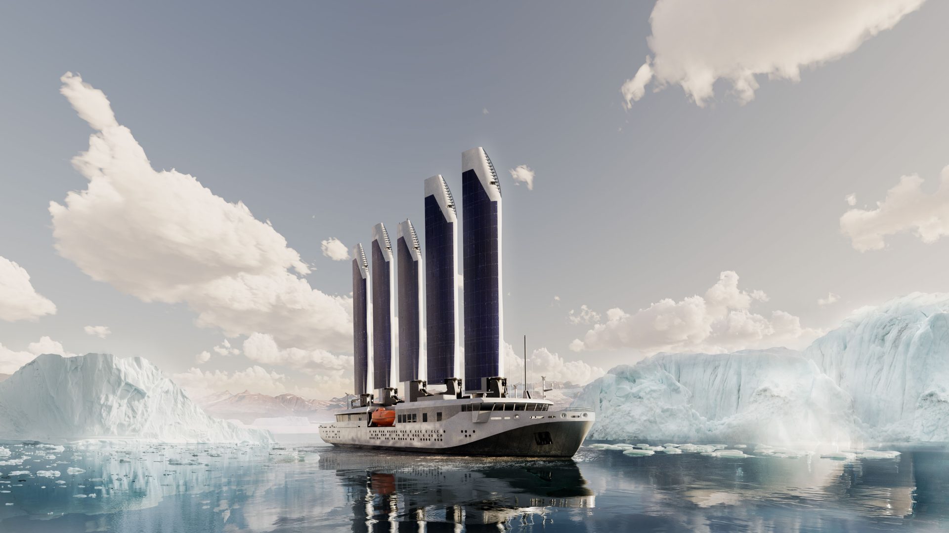 A boat with solar panels in its sails sits amongst icebergs.