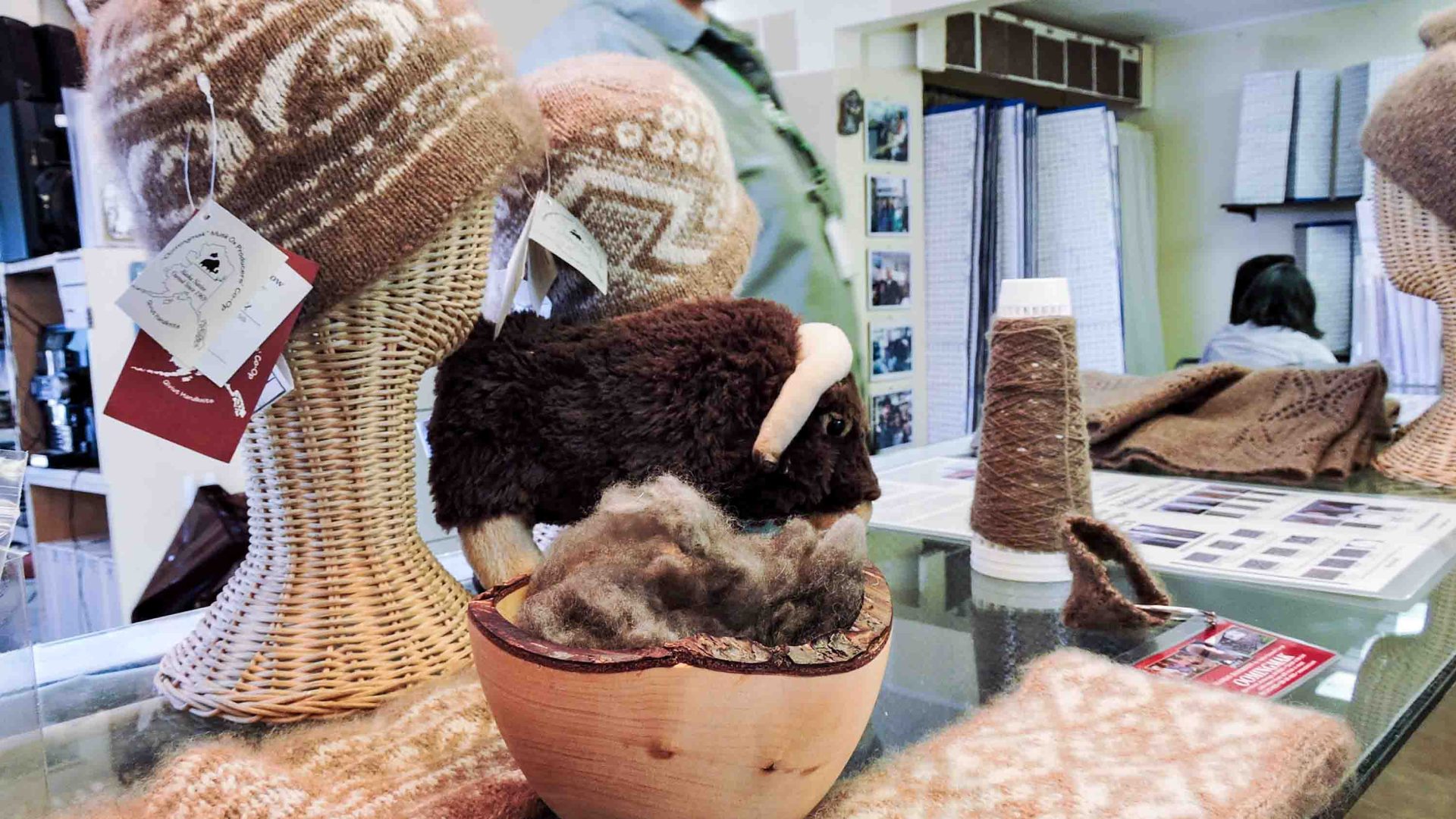 Knitted scarves and hats.