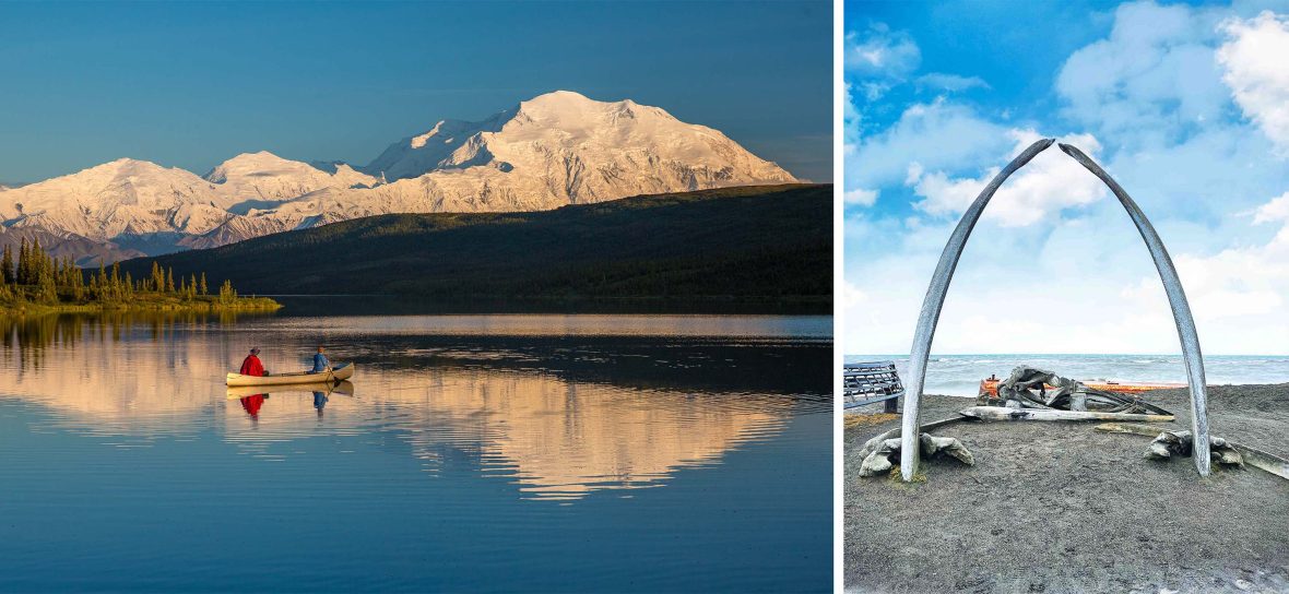 Left: A canoe in a lake which has reflections of snowy mountains. Right: A bone archway on a beach.
