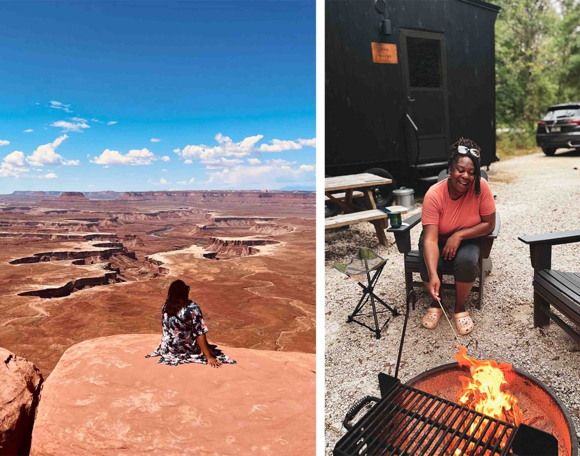 Left: A woman sits on a rocky ledge in a red, arid desert landscape; Right: A woman smiles as she toasts food by a campfire