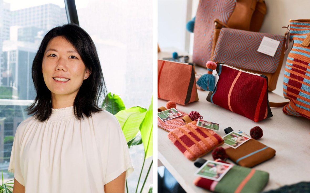Left: Woman smiles at camera; Right: An array of red, green and orange handbags in different sizes