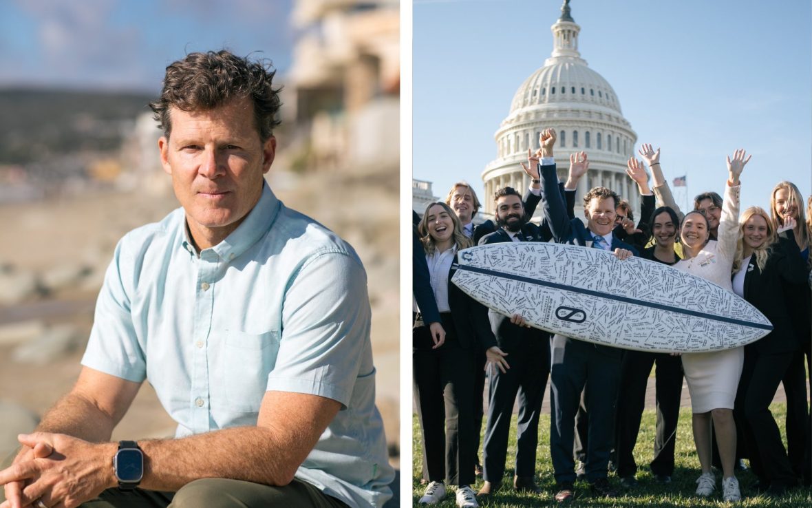 Left: Man wearing blue shirt sits on beach; Right: A team holding signed surfboard raises arms outside US Capitol building.