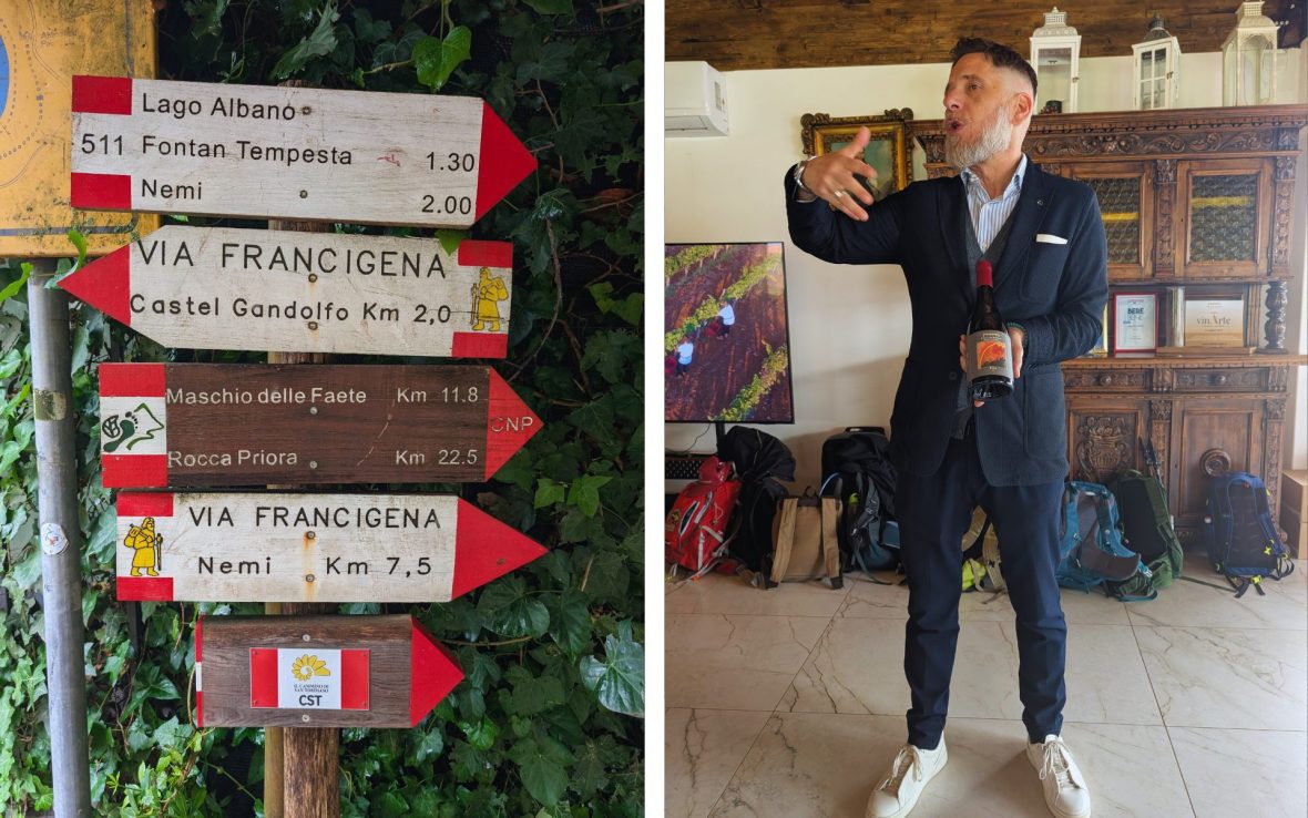 Left: Signpost with five picket signs, one directing people on the Via Francigena; Right: Man holds bottle of wine.