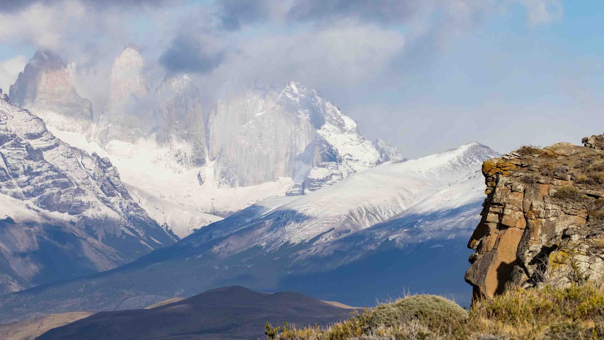 Views out of the snow covered granite towers of Torres del Paine National Park.