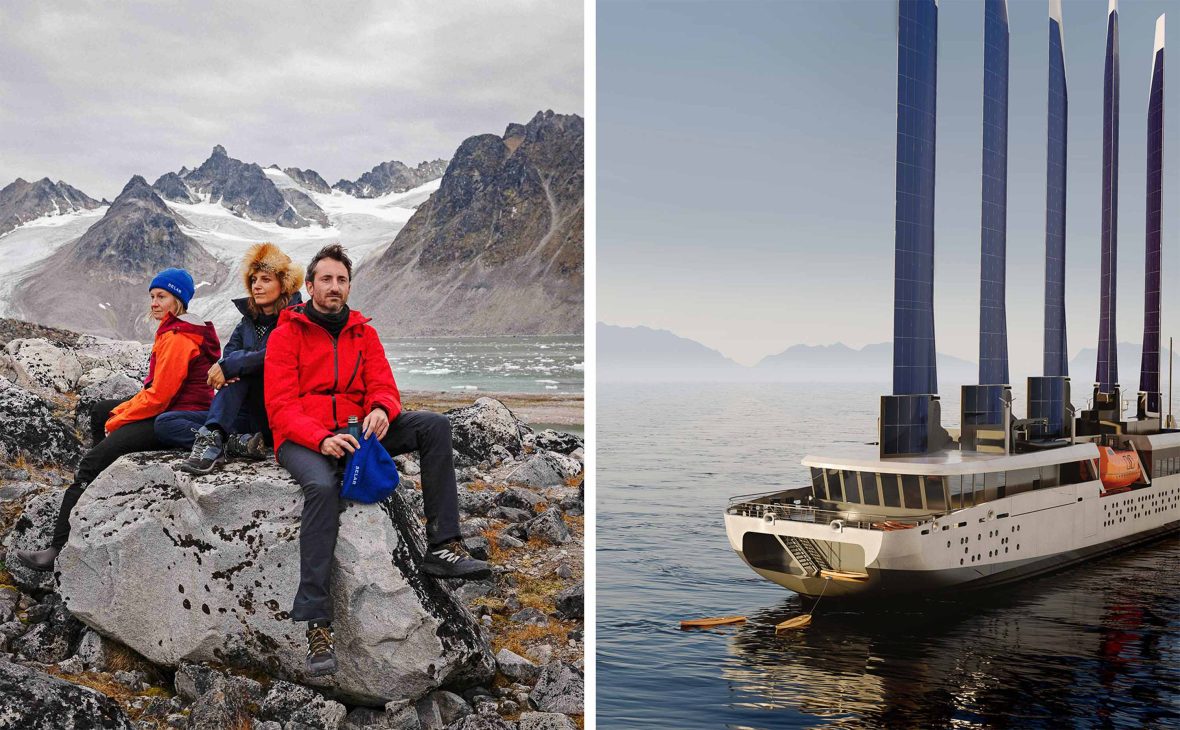 left: Three people sit on a rock in a snowy environment for a portrait. Right: A boat with solar panels in its sails.