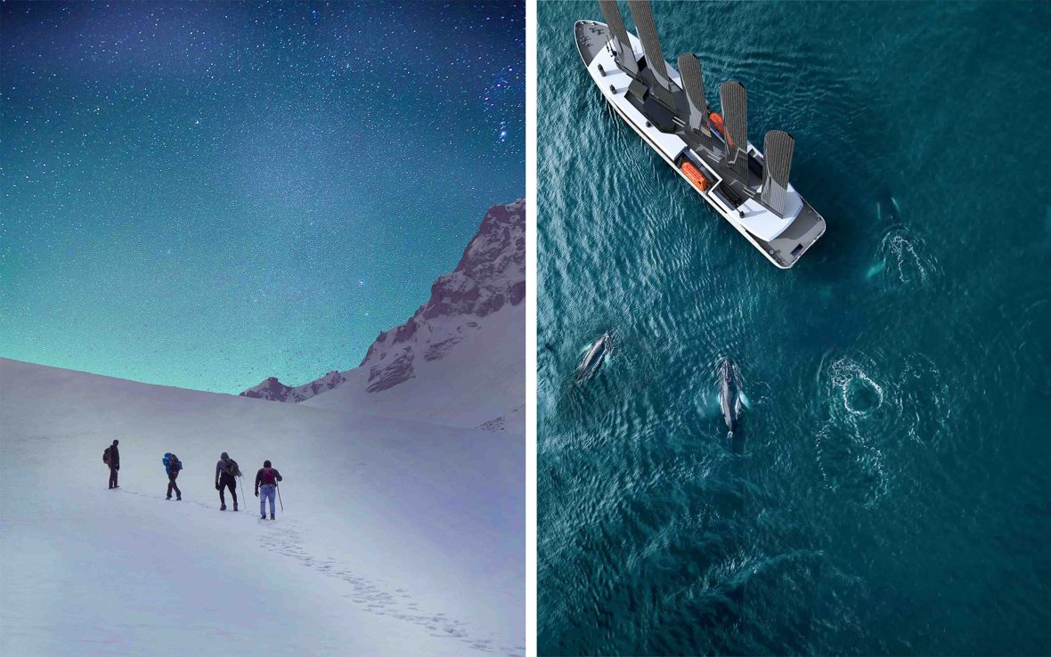 Left: People hike through snow under green northern lights. Right: A boat surrounded by orcas.
