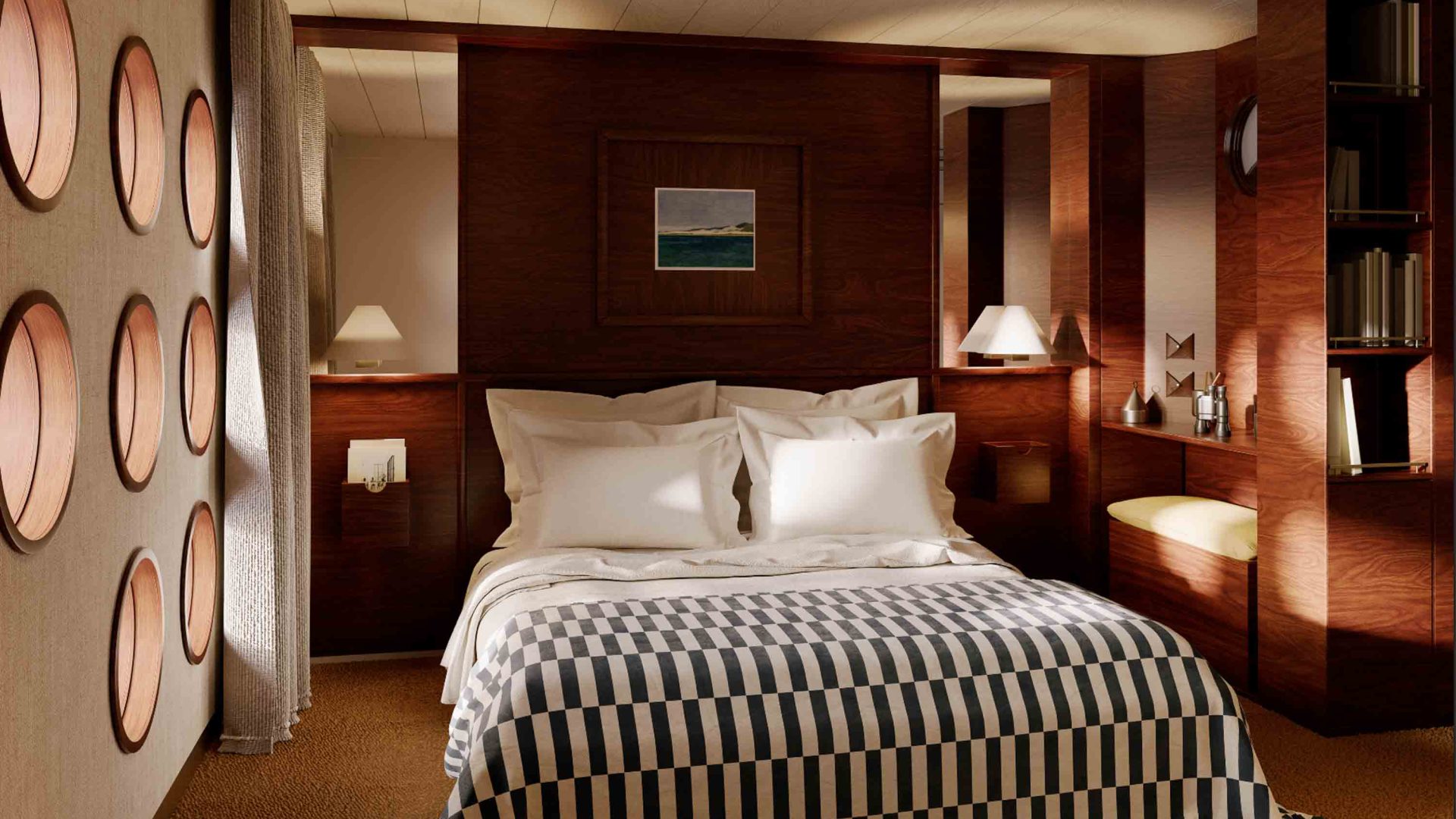 A boat bedroom with a double bed with striped linen.