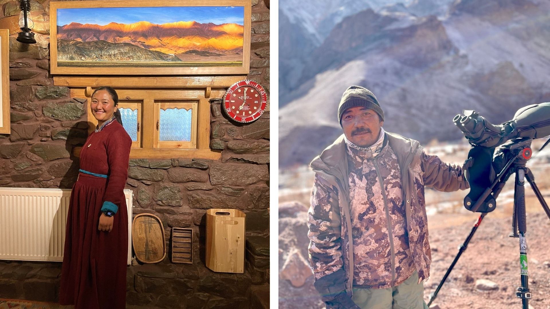 Left: A woman in a red dress smiles to camera from inside a wildlife lodge; Right: A man with photographic equipment smiles to camera against a mountain backdrop.