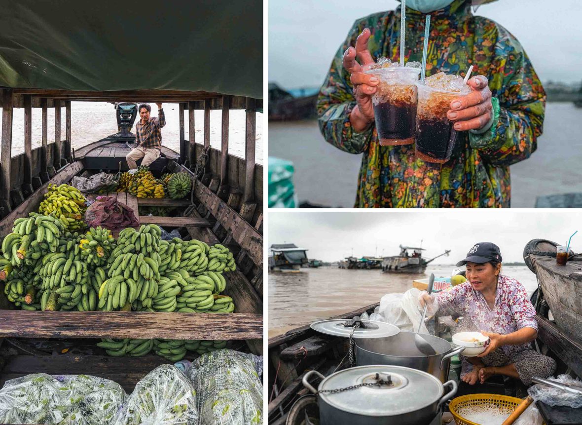 Left: A man on a narrow boat filled with green bananas. Top: A woman hands out iced coffees. Bottom: A woman serves up soup on her small boat.